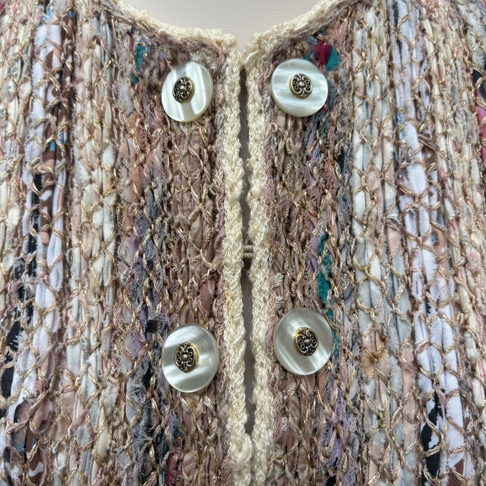 VTG Estelle Gracer Ribbon Knit Cardigan L Brown OOAK Metallic Cropped Jacket S/M - Picture 10 of 13